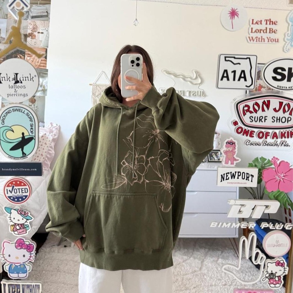 Brandy Melville olive green flower bleach dyed hoodie
